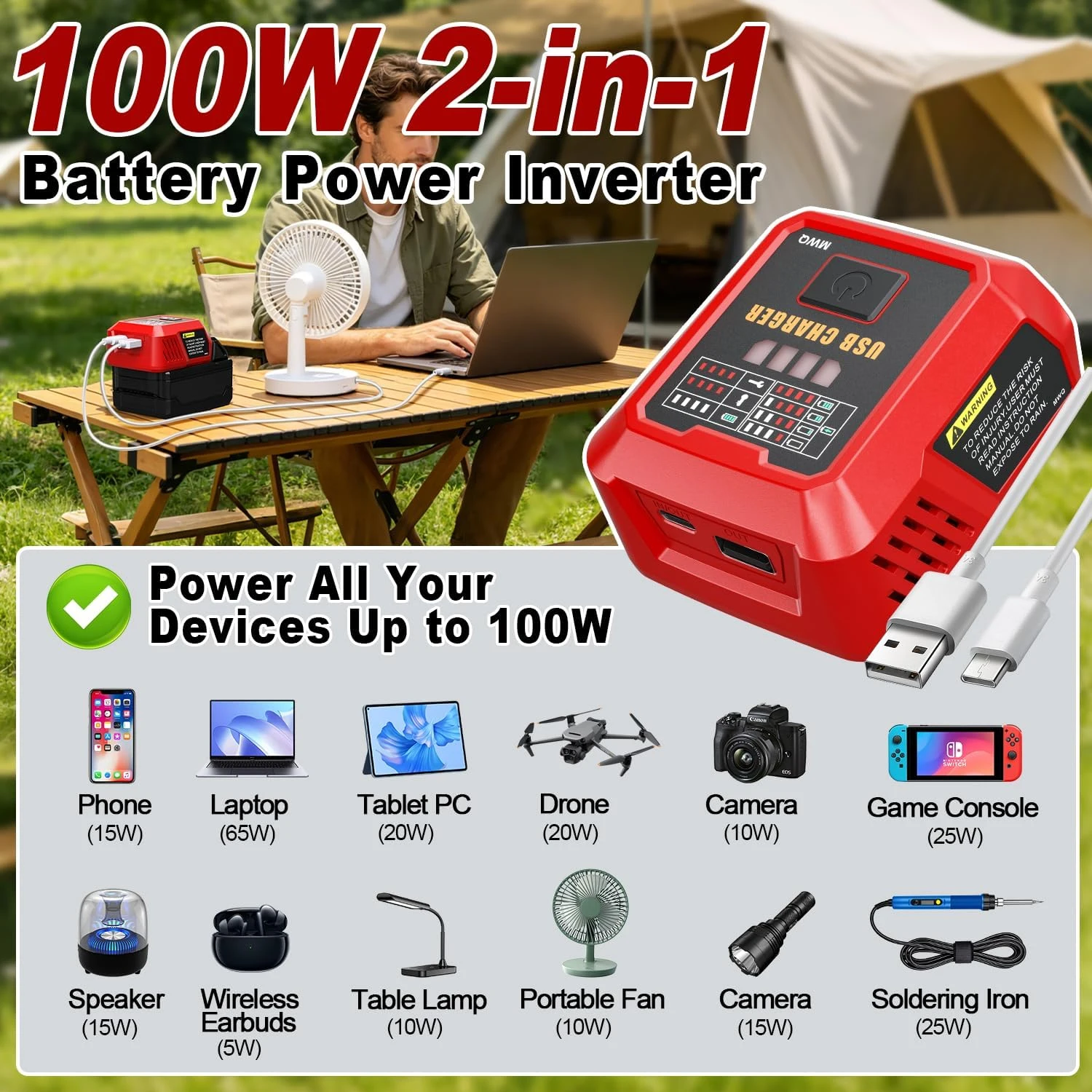 100W USB-C-Ladegerät kompatibel mit Milwaukee 18V-Akku, Netzadapter mit USB-A-Anschluss, Ladehub für Handys & Tablets – Detail 6