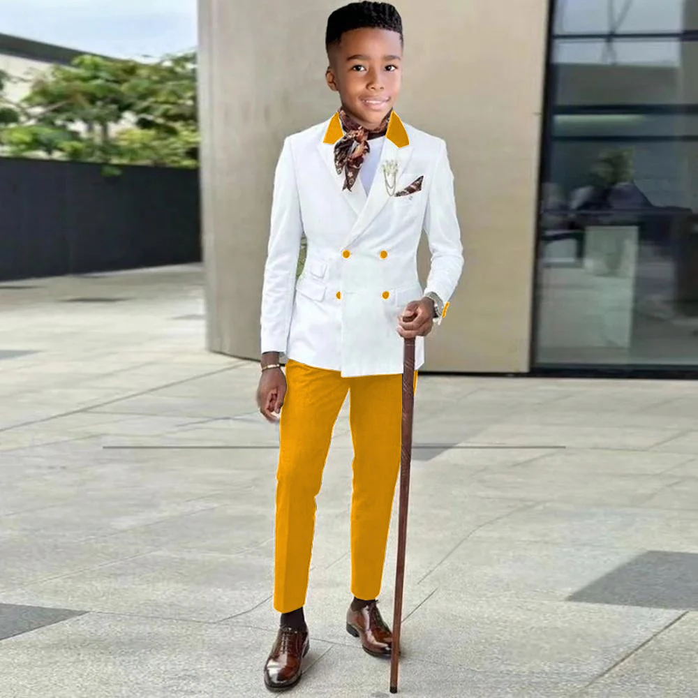 

Suit for Boys Fashion Double Breasted Gold And White Child Wedding Performance Outfits 2-16T Kids School Uniform Blazers Set