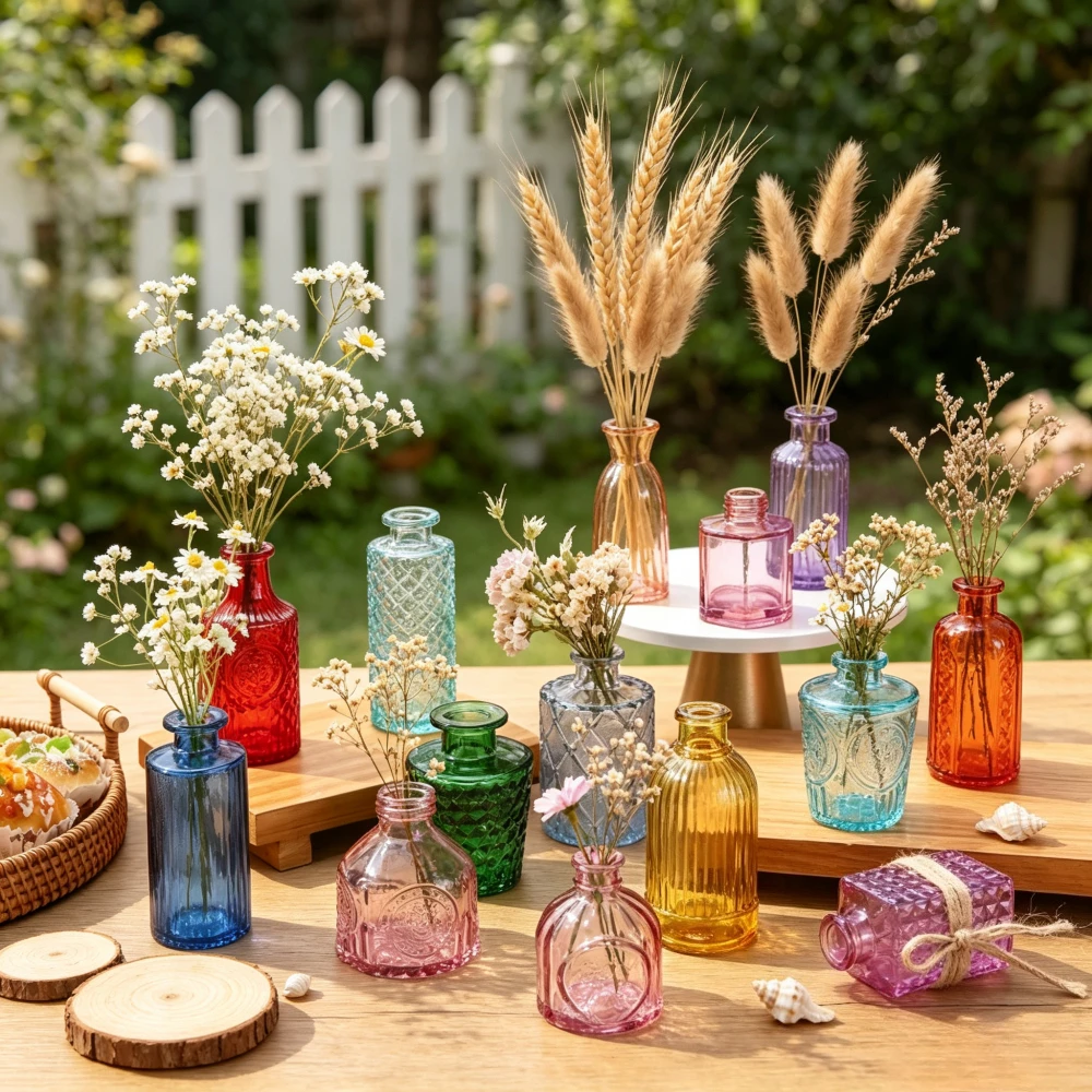 Multi color Embossed Mini Glass Flower Vase Retro Hydroponic Bud Vase Aromatherapy Bottle Home Window Wedding Decor