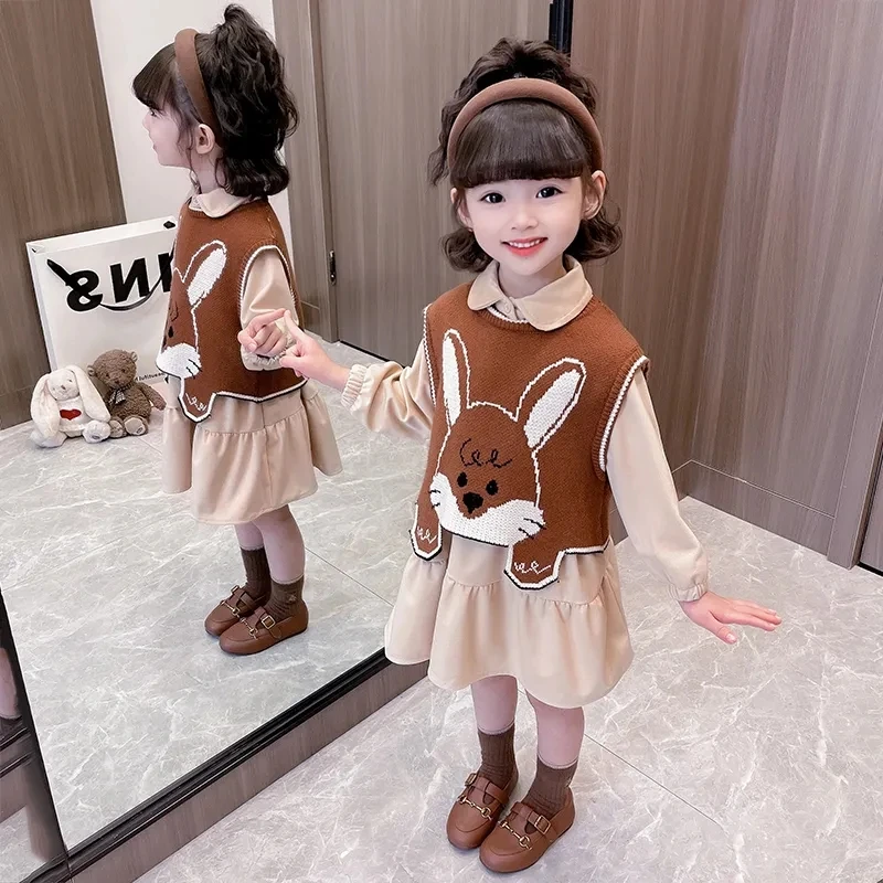 Spirng Toddler Baby Long Sleeve Outfits Set Infant Cute Rabbit Vest and Full Dresses for Girls Fall Clothing Sets fits 2-8Years