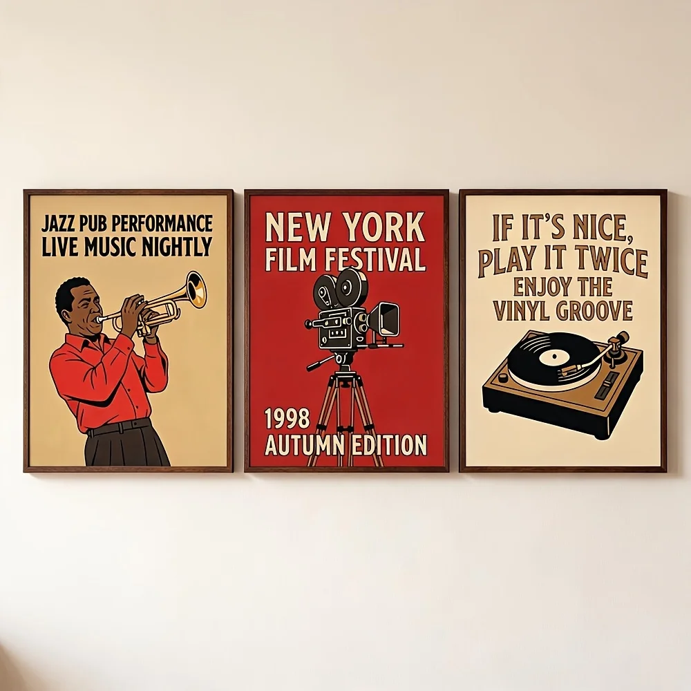 （NoFrame 3PCS)-2D Flat, Posters And Prints Unframed Canvas Wall Art 3-Set Retro Vintage Music Movie Canvas Prints Jazz Trumpe