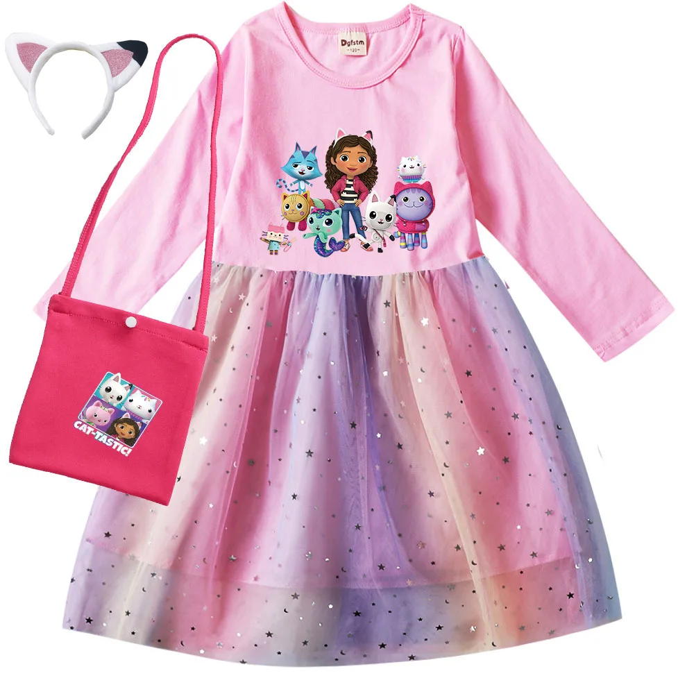 

Gabby Doolhouse Roupa Kids Fall Long Sleeve Casual Dresses Baby Girls Cartoon Gaby Chat Dress & Bag Children Princess Vestidos