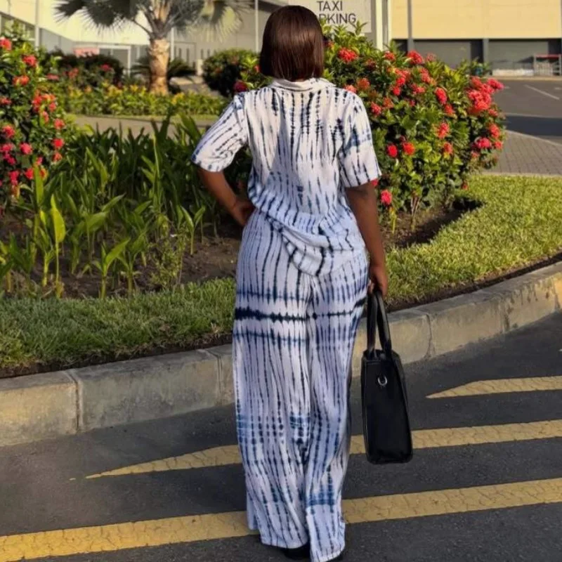 African Women Tie Dye 2 Piece Outfit Short Sleeve Button Shirt Wide Leg Pants Loose Casual Matching Set Plus Size Summer Suit