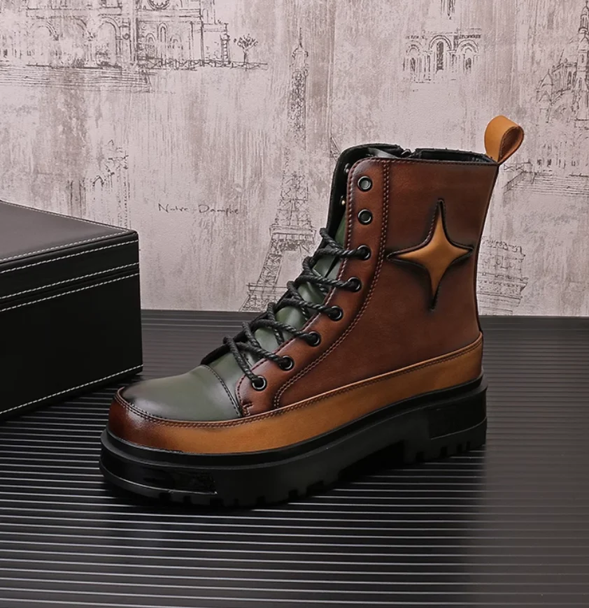 

New autumn and winter mid length boots Chelsea high top casual lace up work boots Trend motorcycle men's boots