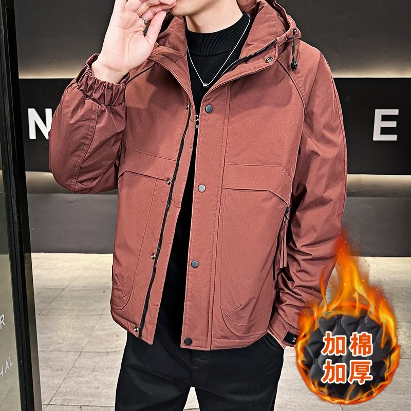 

Casual Hooded Warm Cotton-Padded Outdoor Jackets 2025 Winter Men's Windproof Top Parkas Solid Color Loose Thicken Coats Clothing
