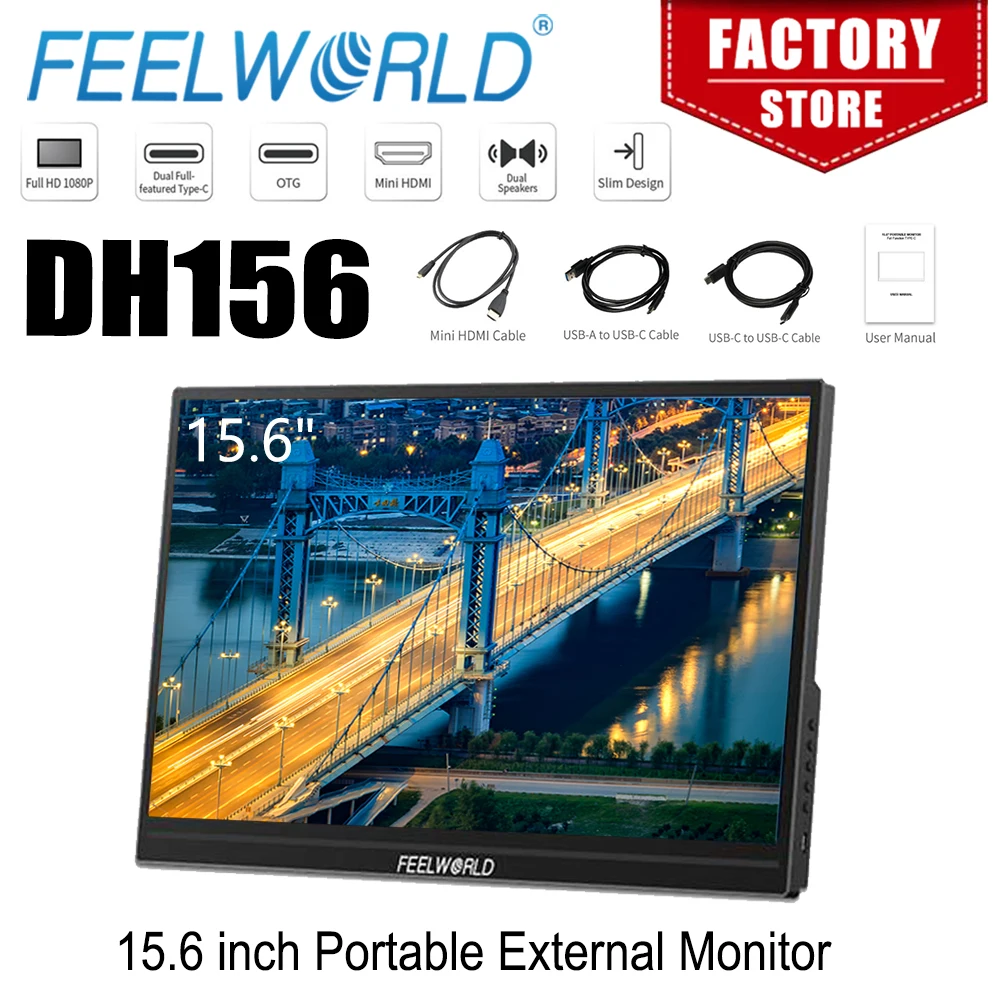 

FEELWORLD 15,6-дюймовый монитор DH156 FHD 1080P Портативный внешний монитор для ноутбука, телефона, переключателя, ПК, компьютера PS4/5 USB-C HDMI