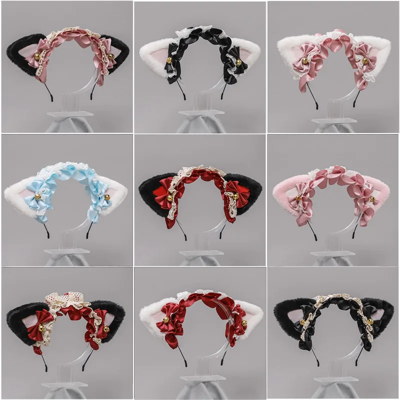 

Cat Ear Plush Lolita Headwear with Small Bell Cosplay Anime Con Accessory Kawaii Girl Classic Lolita Headdress Ruffled Hair Band