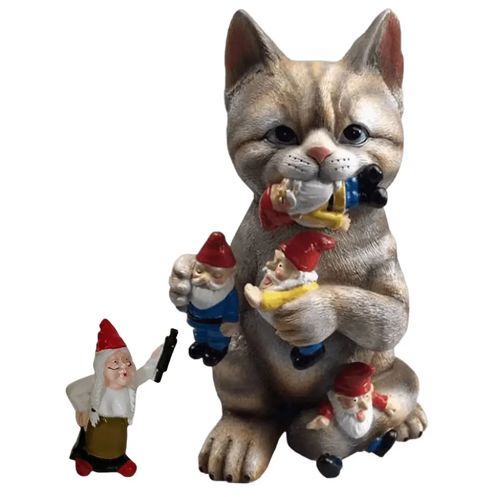 Cat Eating Gnomes Statues Cat Eating Gnomes Figurines Resin Decorative Garden Ornament for Outdoor Landscape Decor