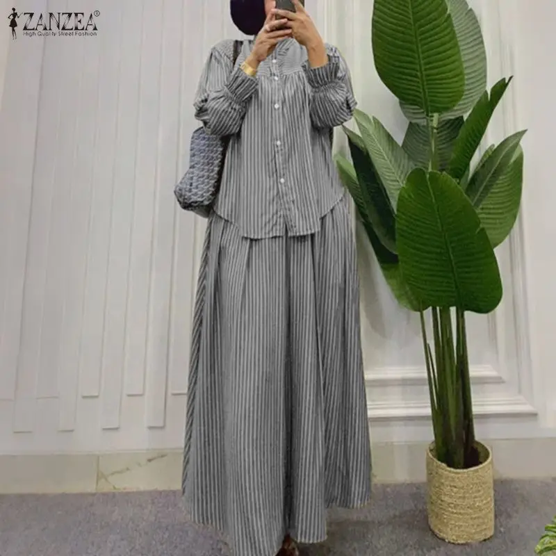 ZANZEA Muslimische Hijab-Outfits 2-teilige Sets Modische Damen Langarm Gestreifte Bluse Kleid Sets Stehkragen Hemd Rock Anzug Islamisch