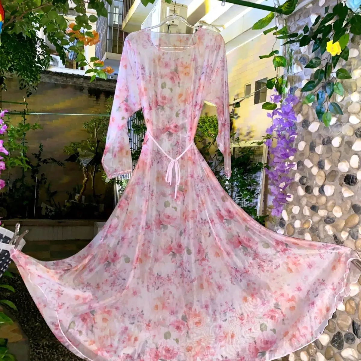 Sexy See Through Women Floral Mesh Long Dress Loose Night Dress Plus Size Sleeping Robe