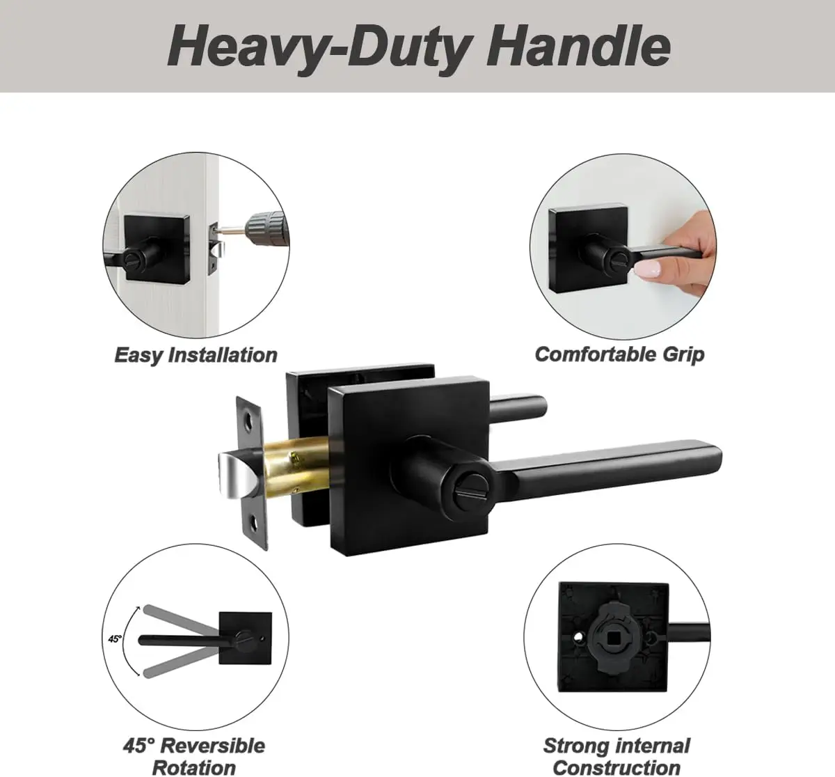 مقابض الأبواب السوداء مقابض الأبواب الداخلية، قفل باب الخصوصية بدون مفتاح، مجموعة أذرع باب من سبائك الزنك شديدة التحمل لغرف النوم والحمامات