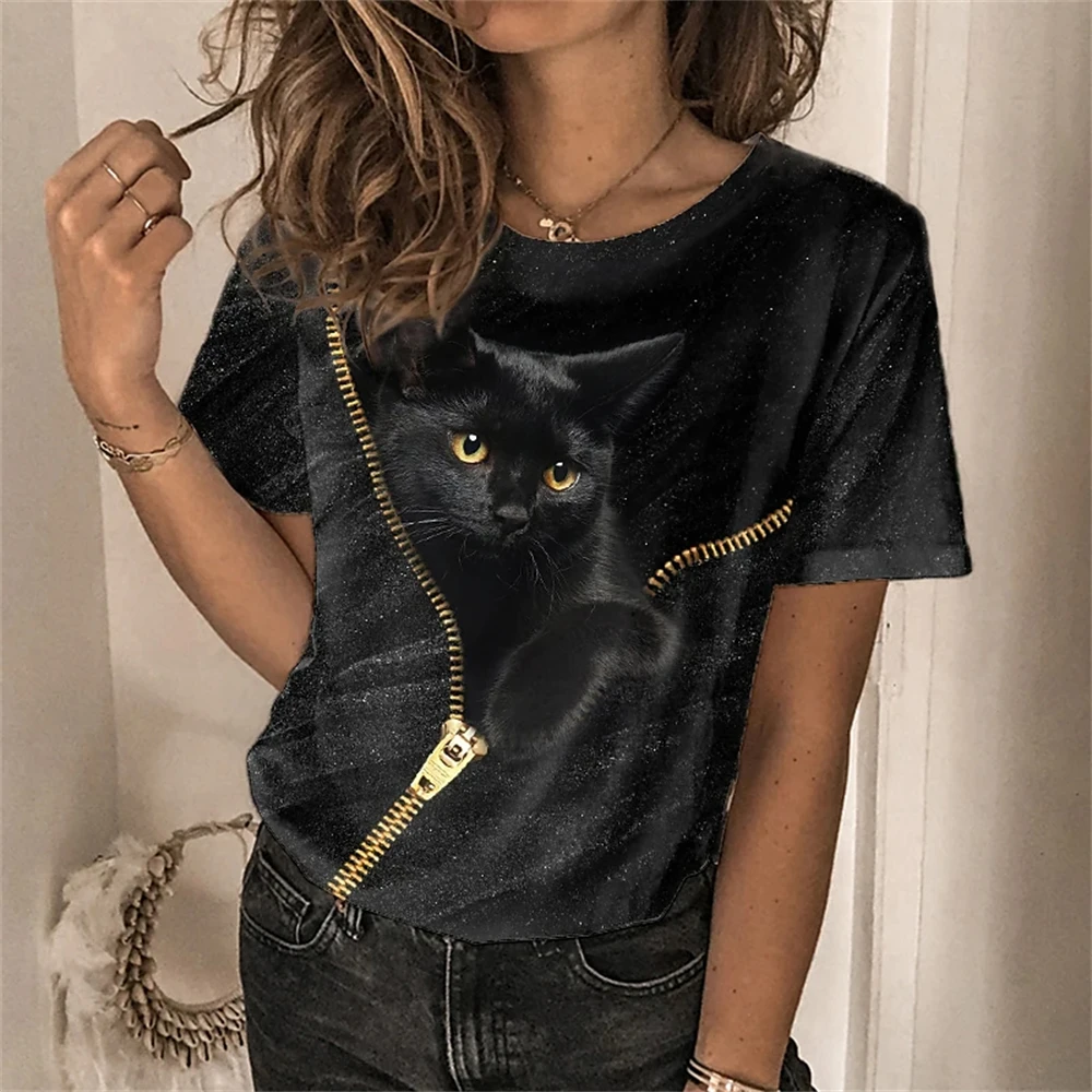 Fashion Womens T-shirt 3D Kawaii Cat Print Tees Tops 2022 New Harujuku Animal Short Sleeve T Shirt Plus Size Loose Woman Clothes