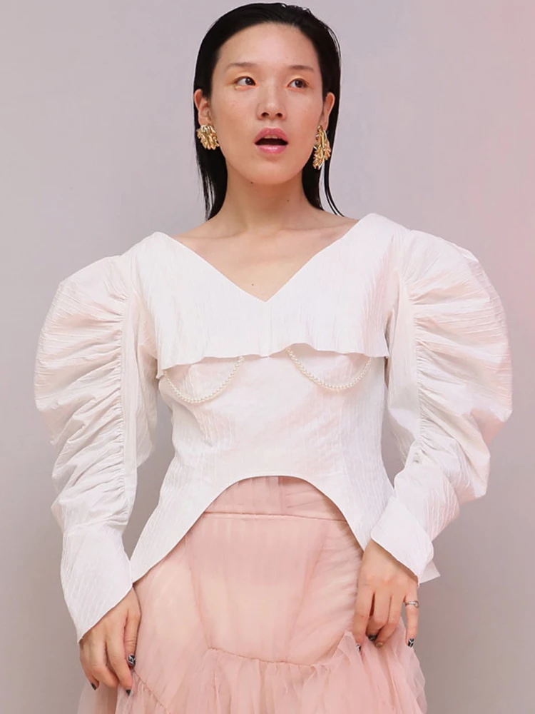 TWOTWINSTYLE Solid Slimming Shirts For Women V Neck Long Sleeve Patchwork Beading Irregular Hem Blouses Female Fashion Clothes