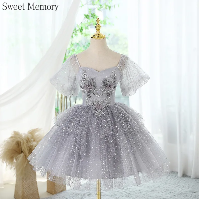 D4132 Customized Grey Prom Dress Princess Performance Robe Mesh Tulle Gown Birthday Sweet Memory Princess Formal Dresses