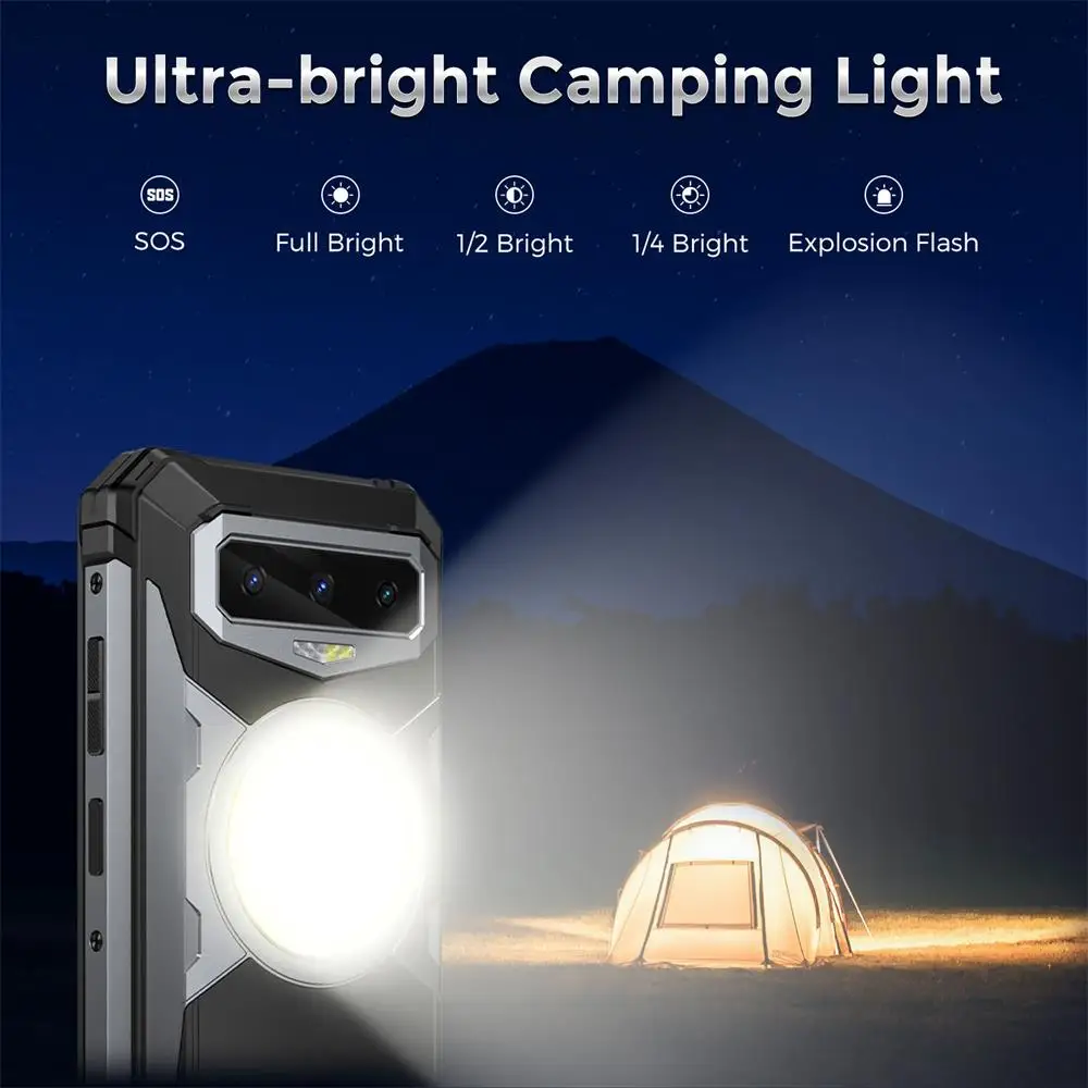 FOSSiBOT F102 Robustes Mobiltelefon Android 13 Campingleuchte IP68 & IP69K Wasserdicht 16500 mAh 6,58 Zoll FHD + 120 Hz 32 MP + 108 MP Kamera