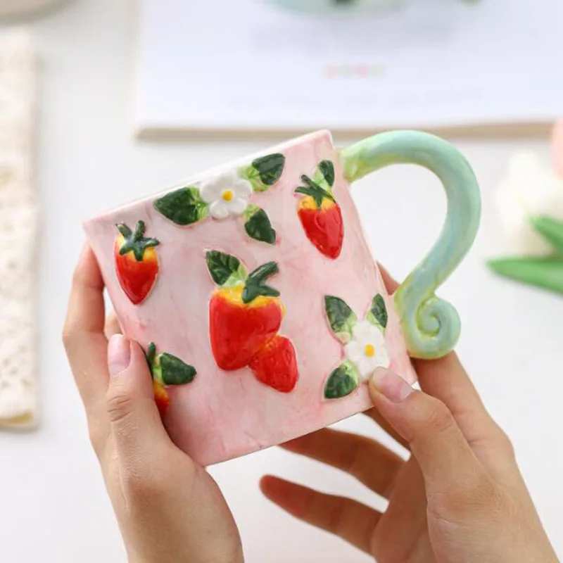 Porcelain Strawberry Pattern Pink Color Coffee Mug Big Capacity Breakfast Mlik Cup Household Kitchen Drinkware 475ml