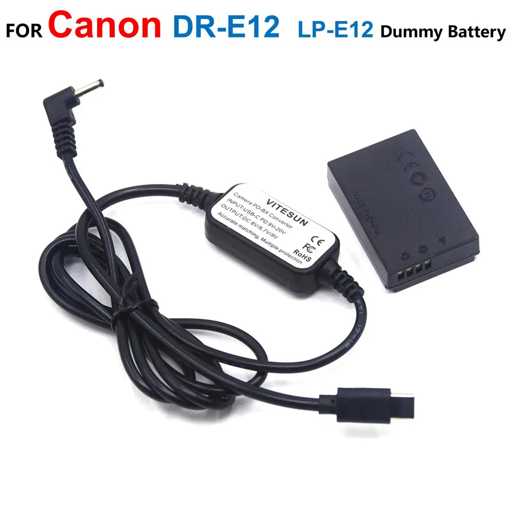 

DR-E12 DC Coupler LP-E12 Dummy Battery+Power Bank Charger PD USB Type C Adapter Cable For Canon EOS M M2 M10 M50 M100 M200