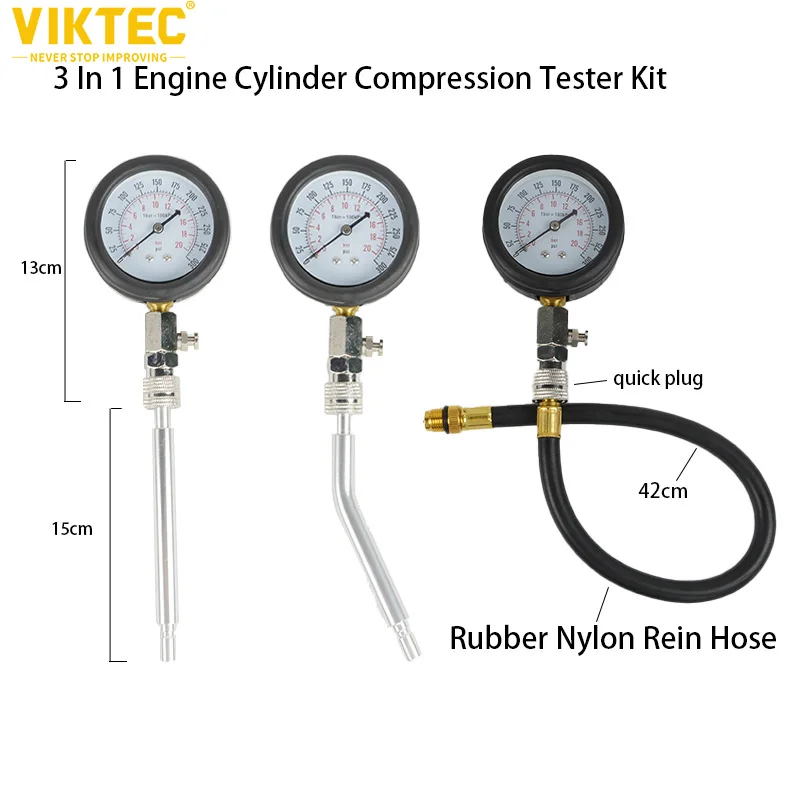 0-300PSI Engine Compression Tester Kit, 9pcs Engine Cylinder Pressure Gauge for Petrol Gas Engine for Petrol Gas Engine VT01053B