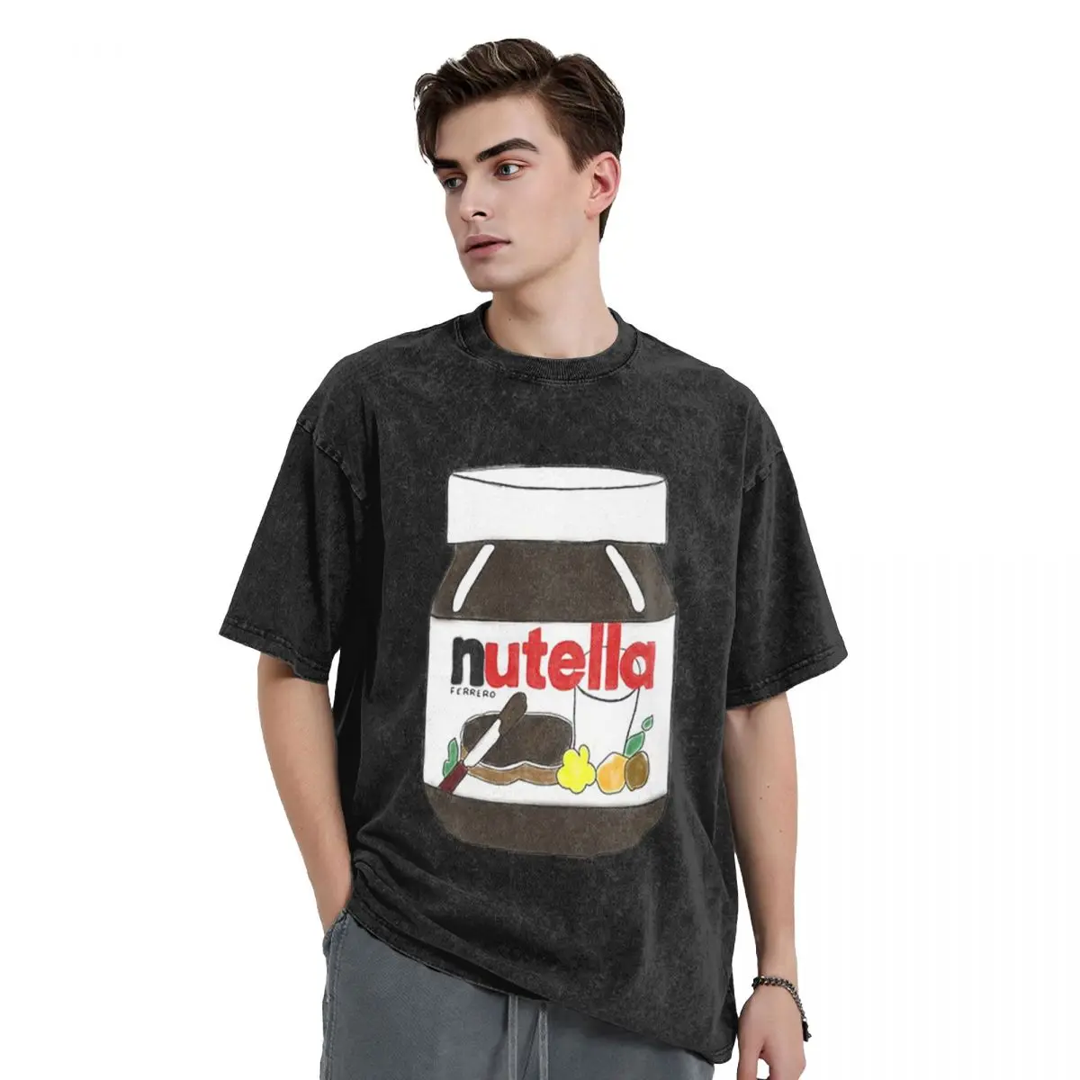 Nutella Washed T Shirts Vintage Short Sleeve Hip Hop T-Shirt Streetwear Tops Tees for Men Women