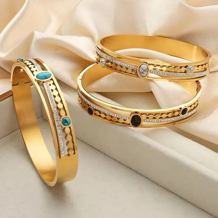 

Trendy Stainless Steel Bangles For Women Turquoise Rhinestone Women's Wedding Wristband Round Bracelets Waterproof Jewelry Gifts