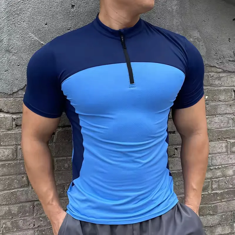 

Zipper Polo Sport Shirts Breathable Top Elastic Gym Fitness Summer Spandex Quick Dry Silky Short Sleeves Training Running Tees