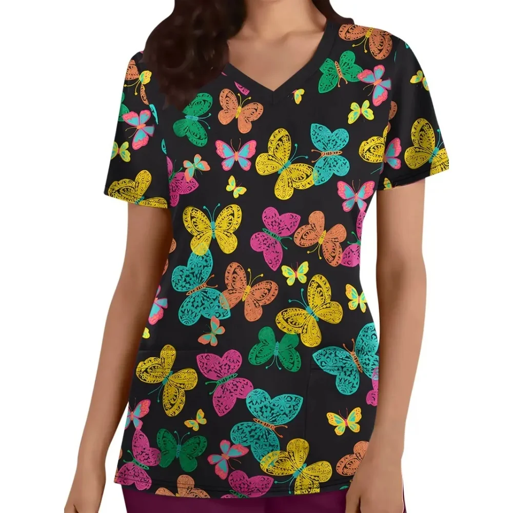 Ladies Vibrant Butterfly and Floral Print V-Neck Silk Top - Soft Breathable Polyester Medical Uniform Surgical Uniforms Woman