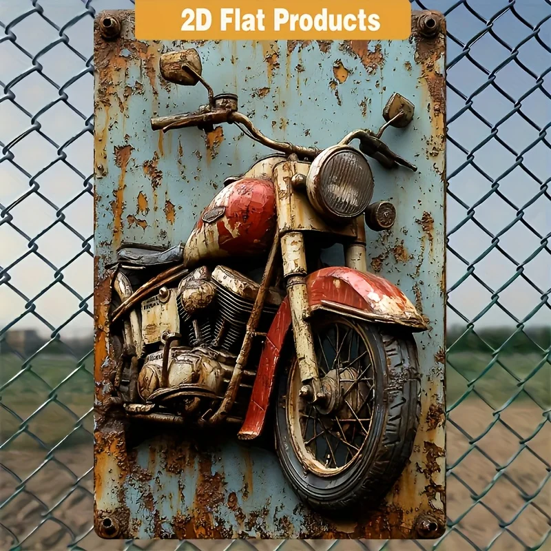 2D Flat Vintage Metal Sign Plaque with Motorcycle Design - Retro Decorative Wall Art for Home, Kitchen, Bar, Living Room