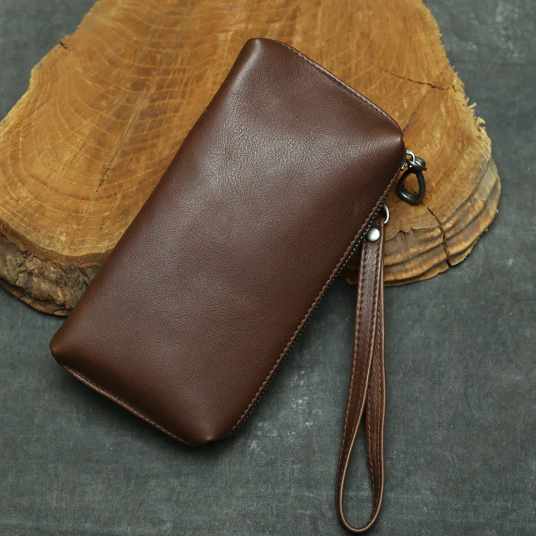 Bolso de mano de cuero genuino para hombre, cartera larga de piel de vaca suave, capa superior, monedero para teléfono móvil con correa para la muñeca