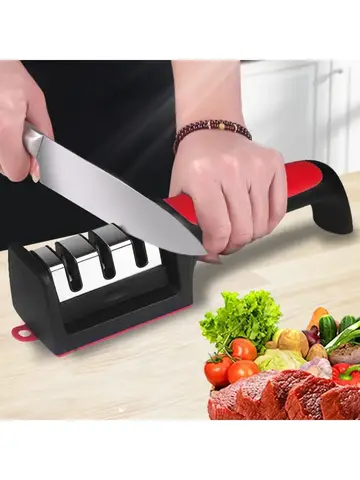 Affilacoltelli da cucina a 3/4 segmenti Utensili per coltelli affilati in pietra nera multifunzionale per uso domestico a 3/4 poli