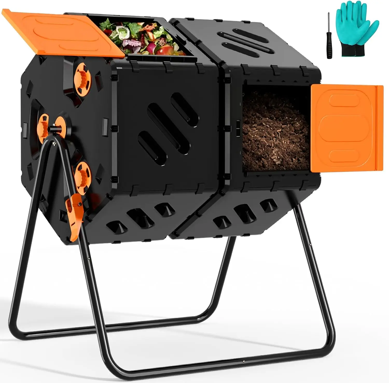 Large Rotating Dual Chamber Compost Tumbler Bin, High Capacity Double Compartment Composting System, Outdoor Gardening Yard Waste And Plant Care Organic Fertilizer Recycling Container, Black
