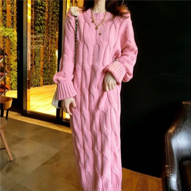 Twist O-neck Solid Sweet Simple Women Dresses Wool Thick Knee-length Dress 2024 Autumn Korean Chic Long Sleeve Vestidos Female