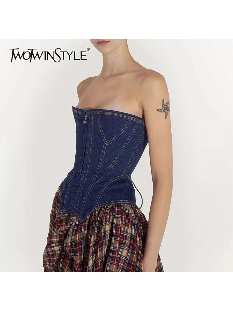 

TWOTWINSTYLE модные жилеты для похудения с сращенными ремешками для женщин, туника без бретелек с рукавами, лоскутный ковбойский жилет на молнии, женская одежда