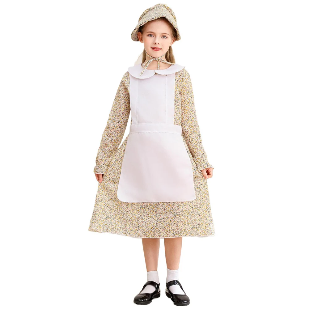 

Child Colonial Grassland Pioneer Girl Costume Country Grandma Style Modern Dance Dress Halloween Farm Maid Suit