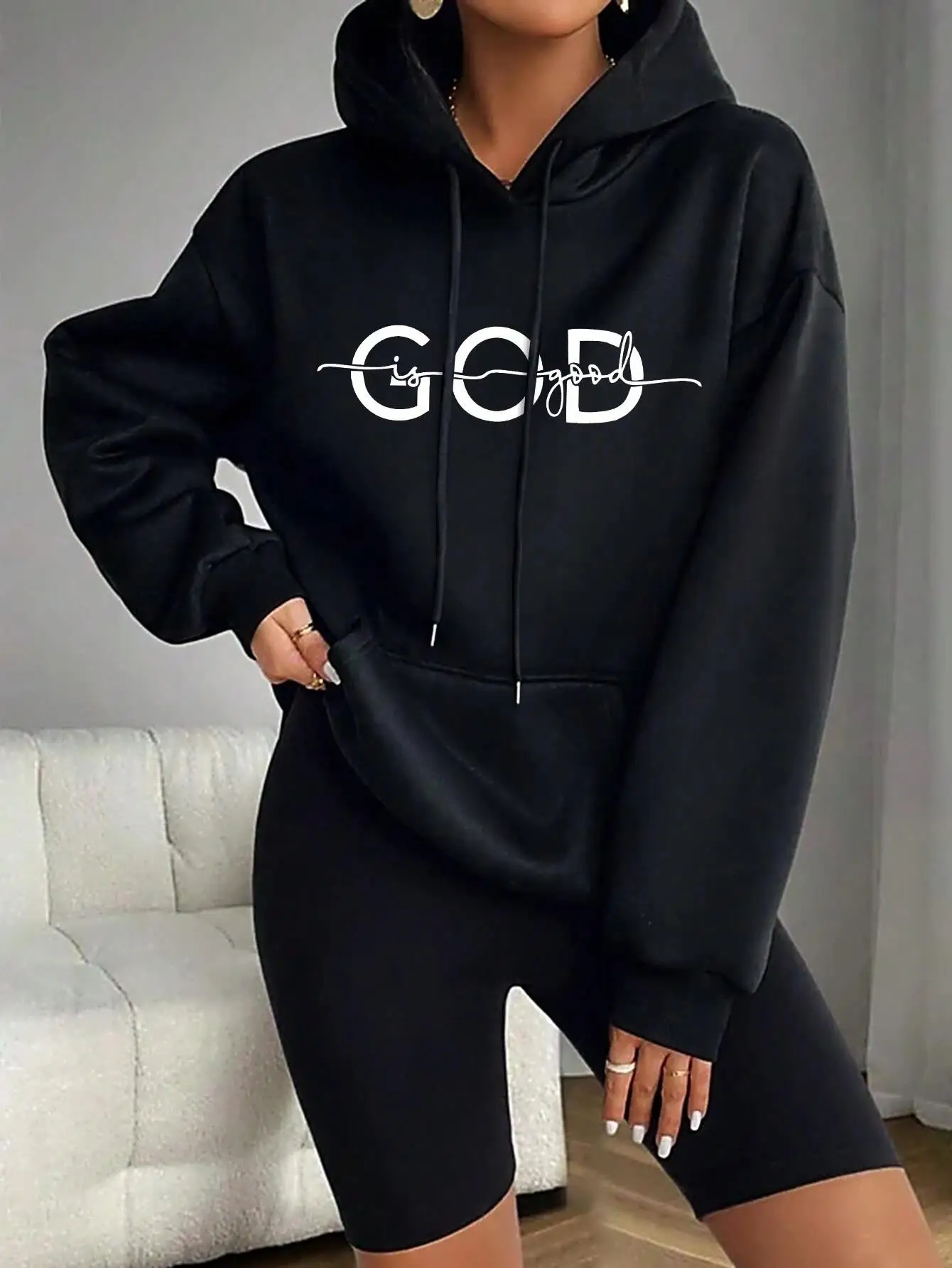 

Simple Letter Good Printed Hoodies Casual Fashion Womens Pullovers Fleece Warm Pocket Sweatshirt Sporty Oversize Street Clothes