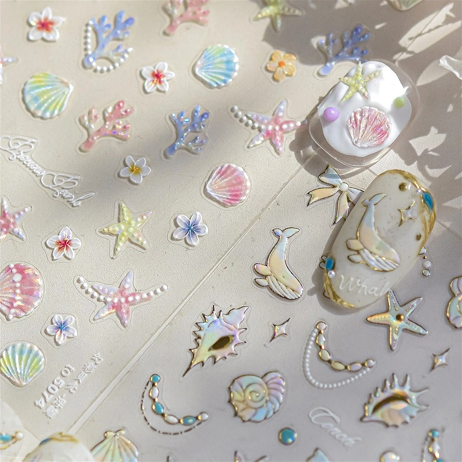 

Ocean Water Bubbles Coral Conch Starfish Pearl Necklace Dolphin Flower Self Adhesive Nail Art Stickers Manicure Decals Wholesale