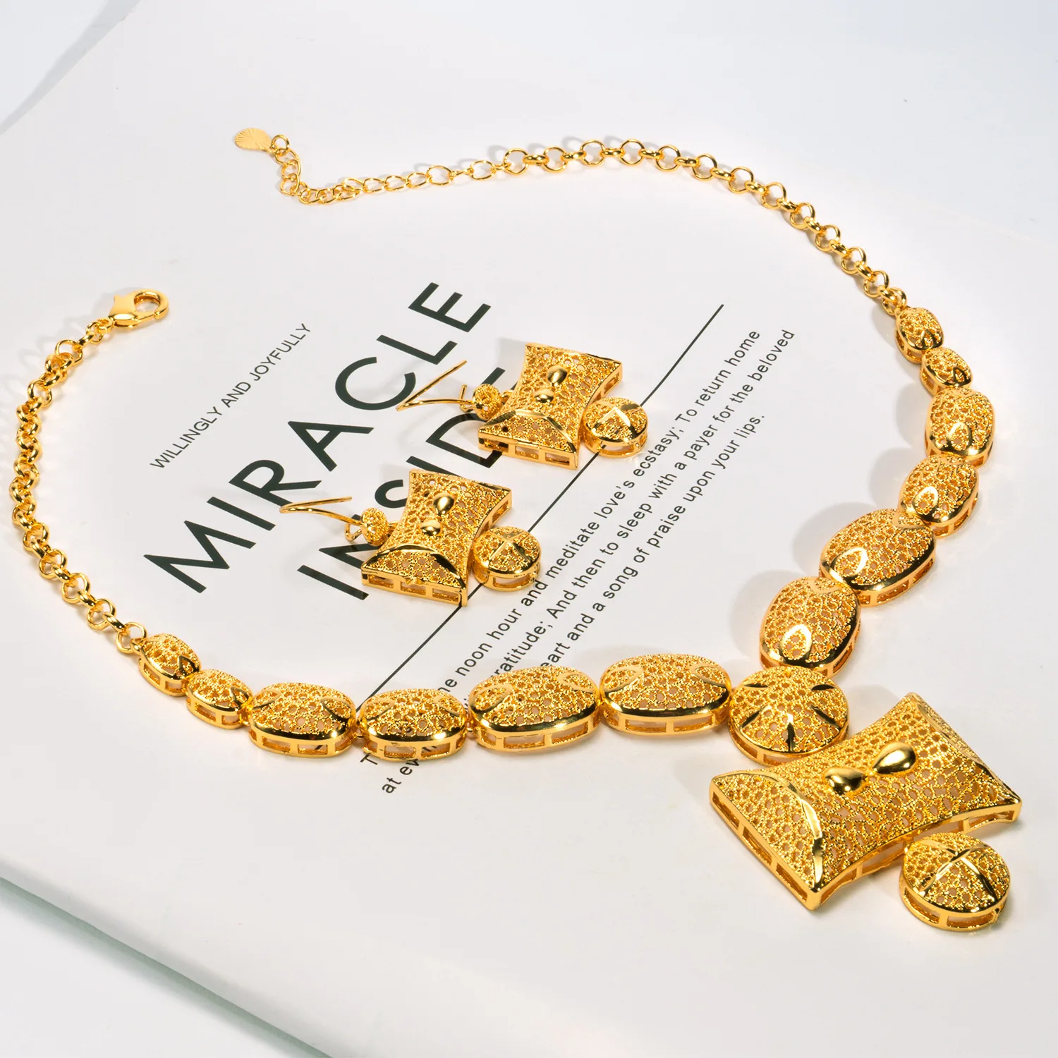 9999 gold long fringed large necklace set - necklace and earrings as a two-piece set of jewelry