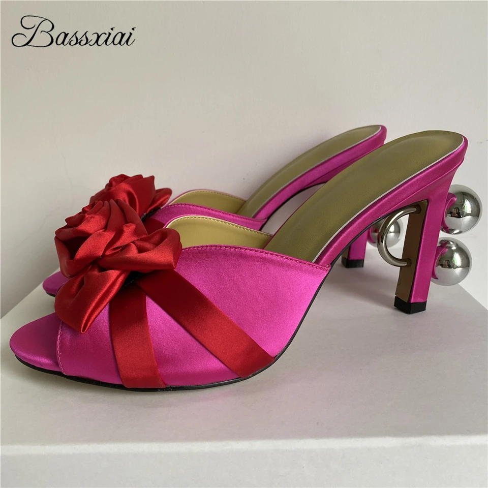 

Luxury Satin Rose Flower Bowknot Sandals Women Metal Decor Strange Heel Slingbacks Slim Summer Mules For Girls