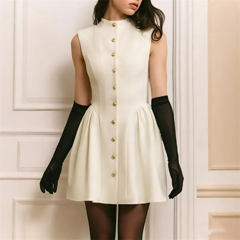 

White Prom Dress Sexy High Neck Sleeveless A Line Party Gown Single Breasted Formal Wedding Guest Birthday Evening Robe