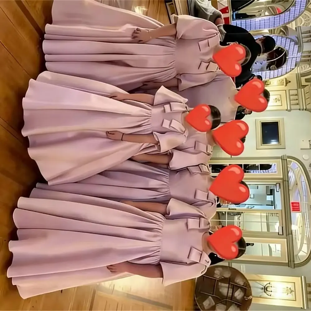 

Customized Pink Satin Flower Girl Dress For Wedding With Bow Puffy Half Sleeve Birthday Party Kids Dress First Communion Gown