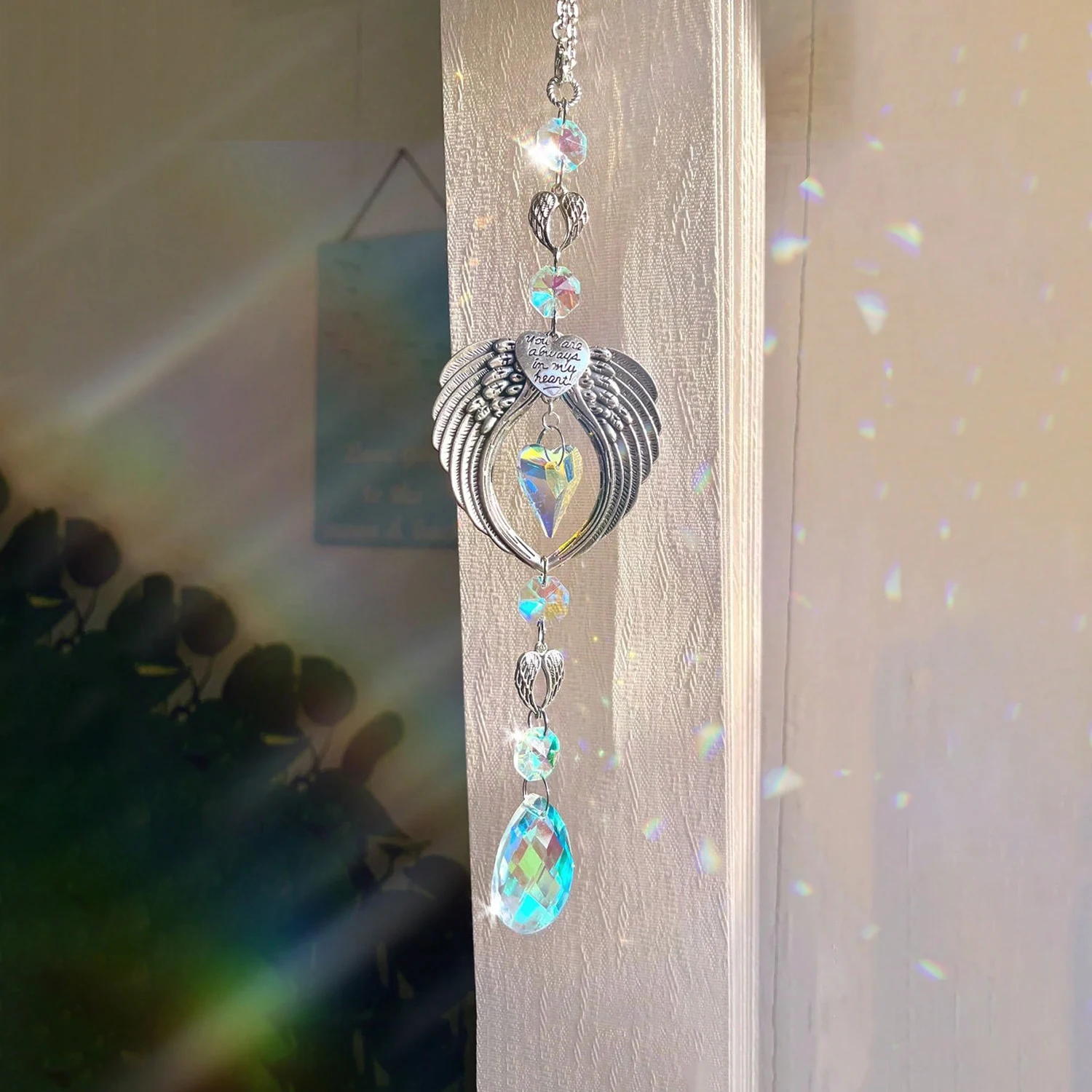 1PC Angel Wings SuncatcherHanging Charm Keepsake Withcrystal Octagons And HeartPrism For Someone Special Always In My HeartCharm