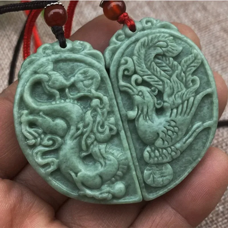 

Natural Bean Green Guizhou Jade Handmade Carved Dragon and Phoenix Pendant, Boutique Jewelry, Men's and Women's Jade Necklace