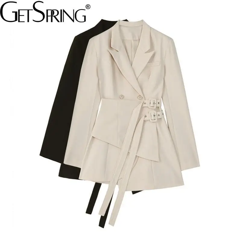 Getspring Women Blazer Dress long slim Patchwork Asymmetry Vintage Women Coat Jackets Black Apricot Bandage Fashion Outfit 2022