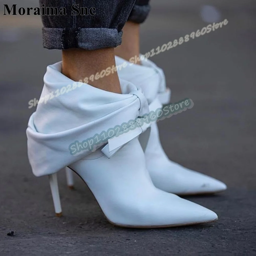 

White Leather Pleated Bowknot Pointy Pumps Stilettos High Heel Shoes For Women Slip On Pointed Toe Casua; Stylish Women Boots
