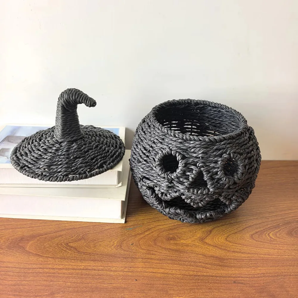 Handcrafted Halloween Woven Pumpkin with Removable Lid Plastic Handwoven Pumpkin Lantern Lamp Rustic-style Pumpkin Storage Box