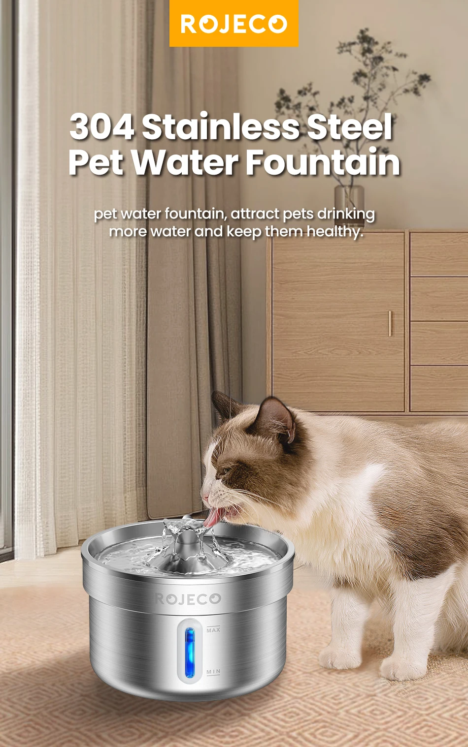 ROJECO Edelstahl-Trinkbrunnen für Haustiere, automatischer Katzen-Wasserbrunnen, intelligenter Wasserspender für Haustiere mit Pumpe für Hunde und Katzen – Detail 1