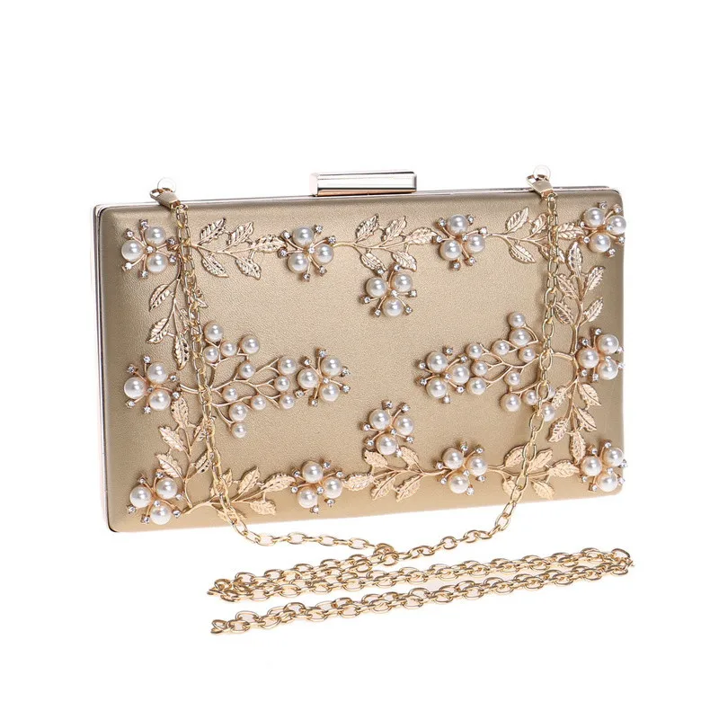 

Women Fashion Clutch Bag Beaded Leaf Metal Gold Lady Evening Bag Chain Shoulder Handbags Party Wedding Bridal Bags