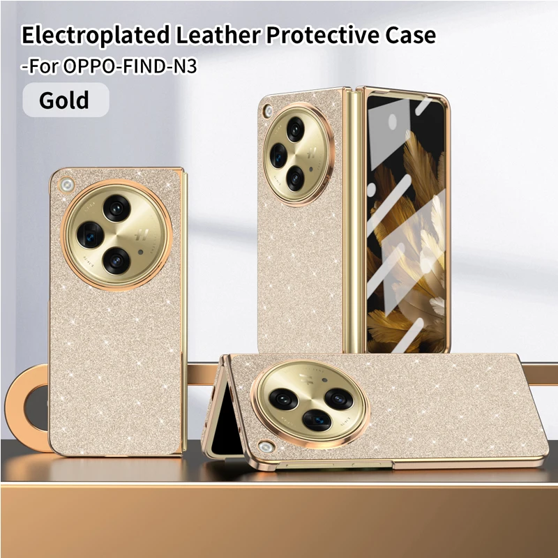 

Plating Leather Phone Case For OPPO Find n3 Glitter Full Protect Front Film Back Cover For OPPO Find n3 Folding Hard Case Shell