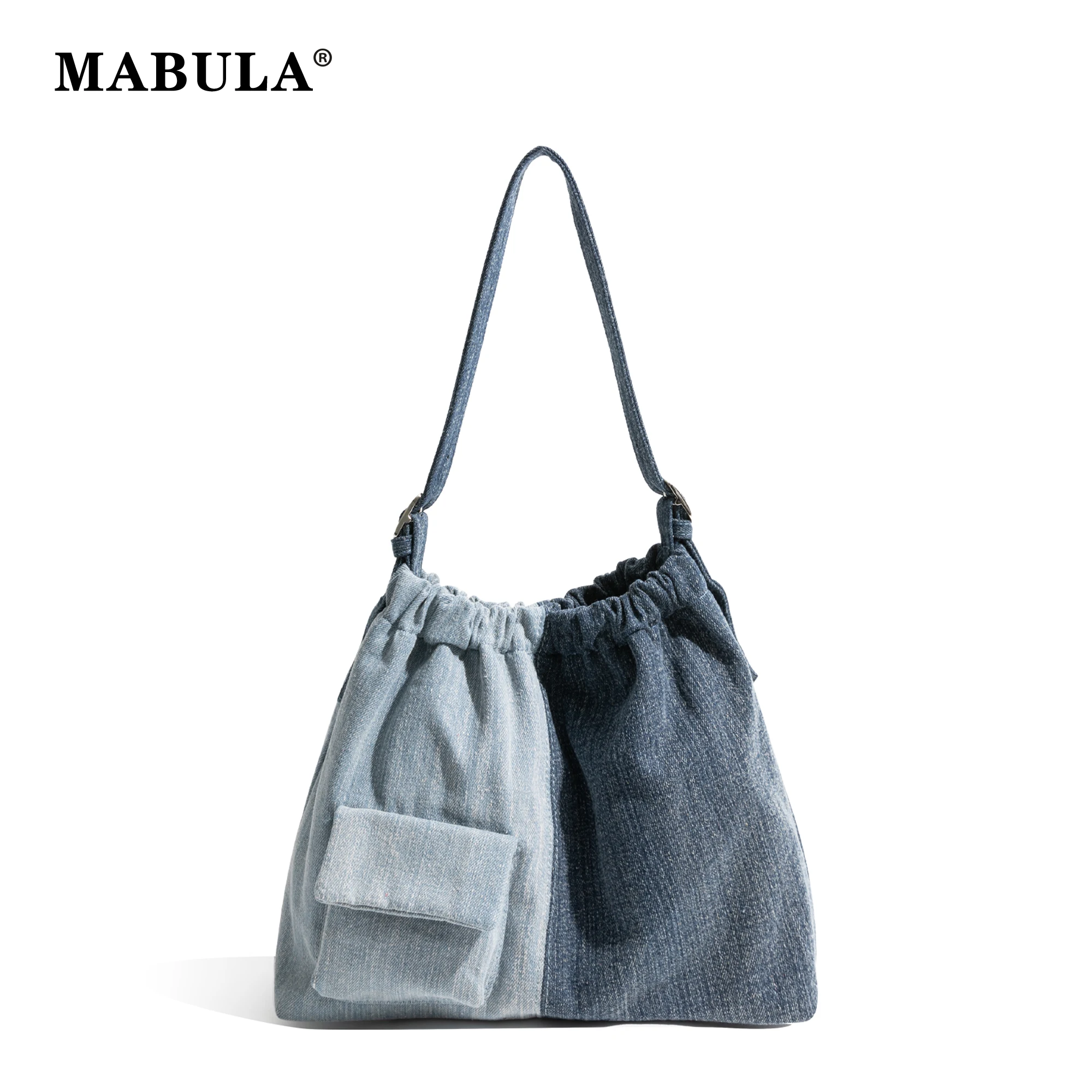 

MABULA Vintage Color Blocked Denim Tote Handbag Bottom Rivet Faddish Retro Women Satchel Outside Pocket Shopping Shoulder Purse