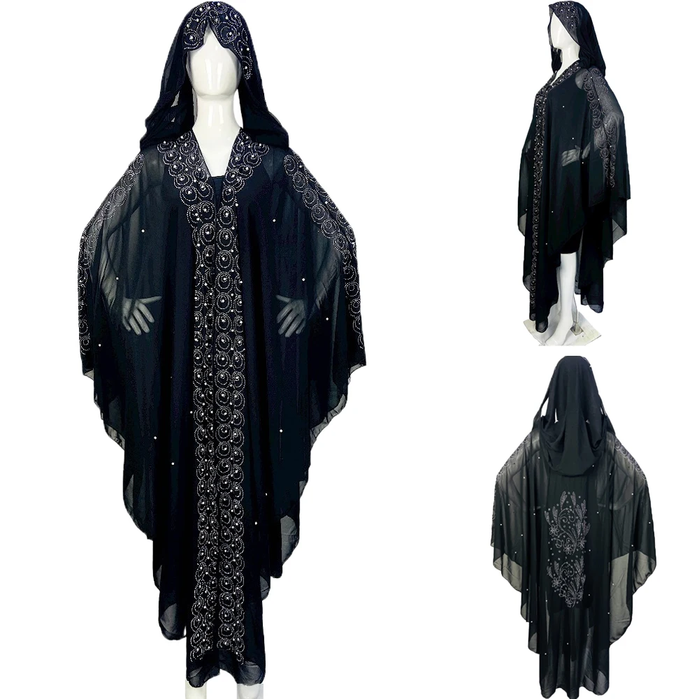 

2024 New Muslim Kaftan Abaya Dress Kimono Women Dubai Open Abayas Turkish Stones Chiffon Hooded Dress Elegant African Plus Size