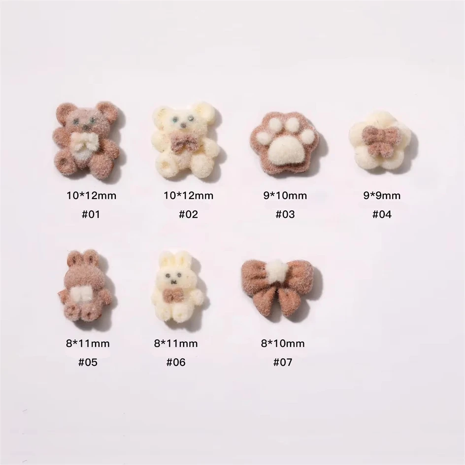 10pcs New Plush Bear Nails Jewelry Cute Plush Bow Rabbit Milk Coffee Charms Nail Art Decoration Rhinestones Manicure Accessories